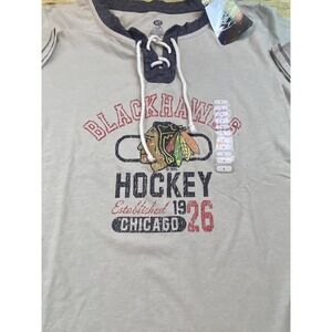 New Chicago Blackhawks Hockey Lace Up T Shirt Women's Tan Distressed Graphic Tee